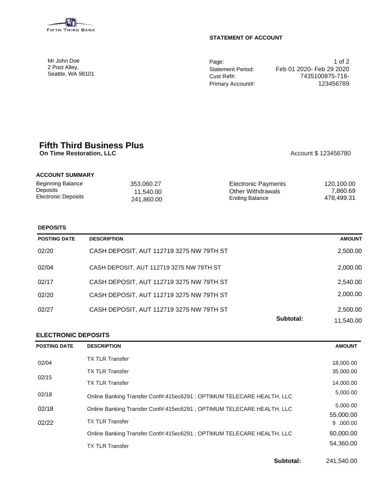 Fifth Third Bank Statement document preview