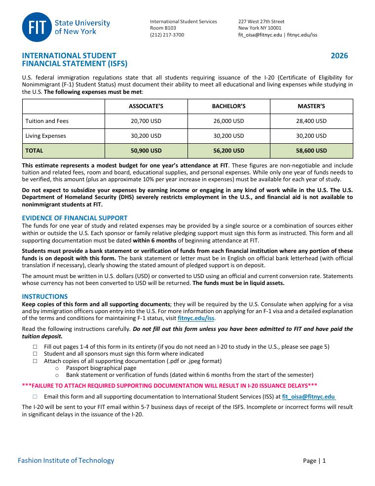 FIT International Student Financial Statement document preview