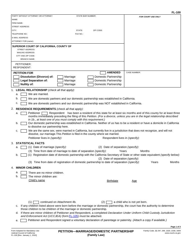 FL-100 Petition for Dissolution, Legal Separation, or Nullity of Marriage document preview