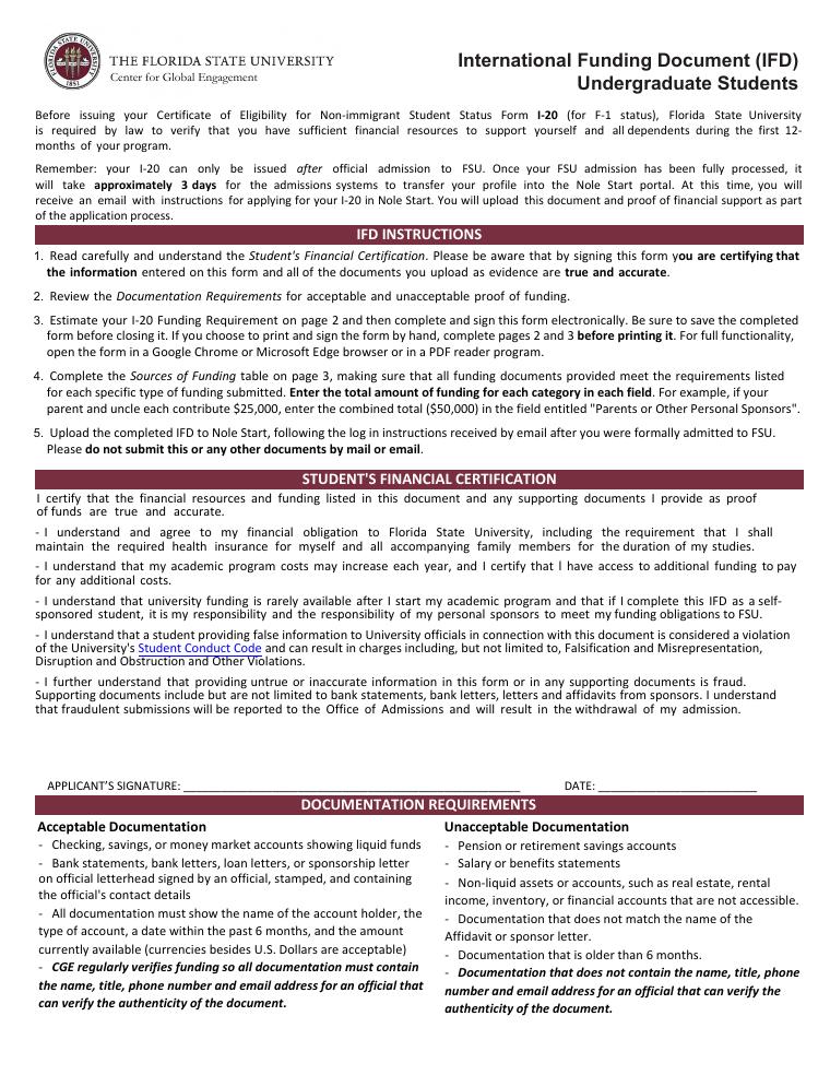 Florida State International Funding Document Undergraduate Students document preview