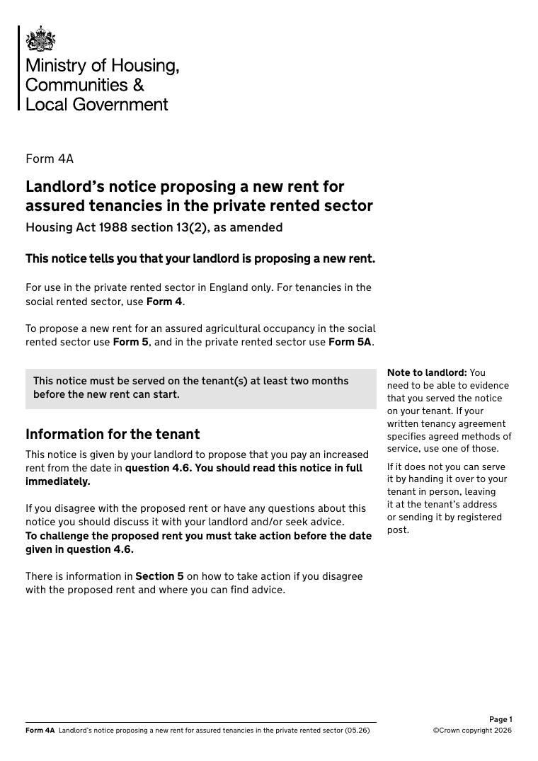 Form 4A Landlord's Notice Proposing a New Rent for Assured Tenancies document preview