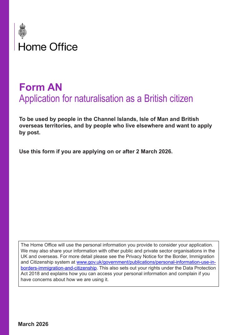 Form AN Application for Naturalisation as a British Citizen document preview