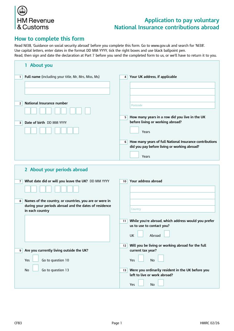 Form CF83 Application to Pay Voluntary National Insurance Contributions Abroad document preview