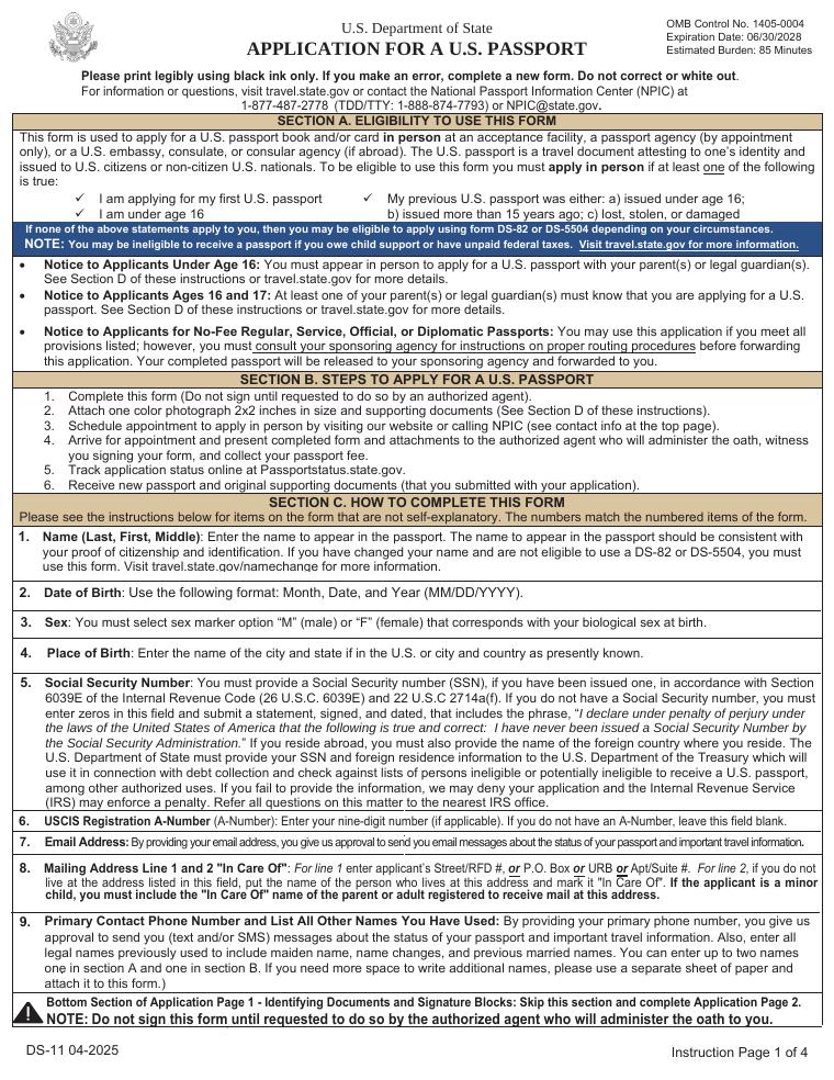 Form DS-11 Application for a U.S. Passport document preview