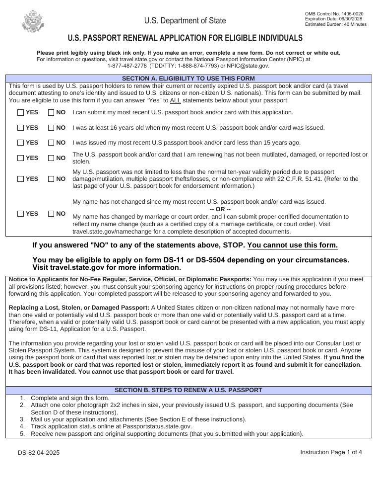 Form DS-82 U.S. Passport Renewal Application for Eligible Individuals document preview