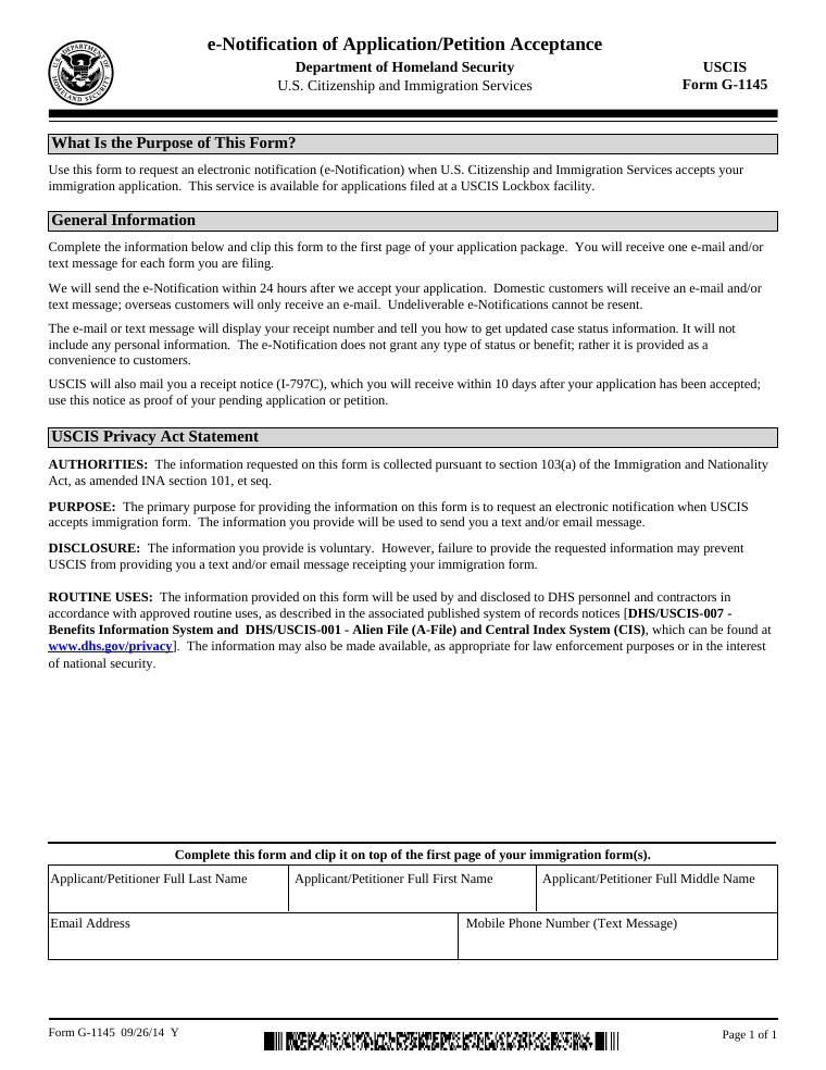 Form G-1145 E-Notification of Application/Petition Acceptance document preview