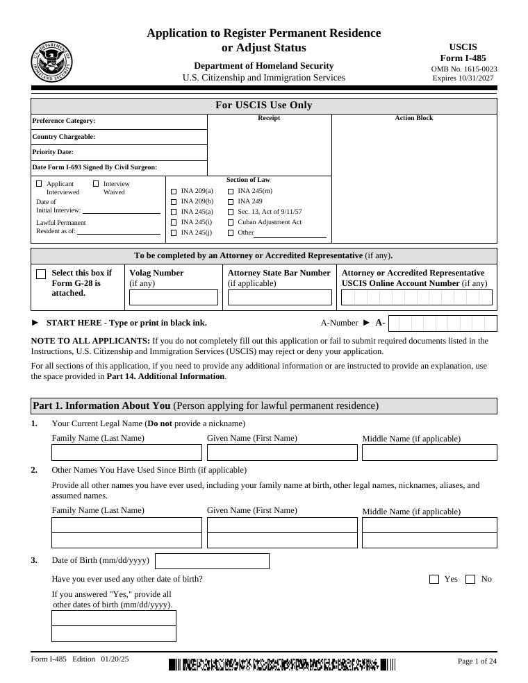Form I-485 Application to Register Permanent Residence or Adjust Status document preview