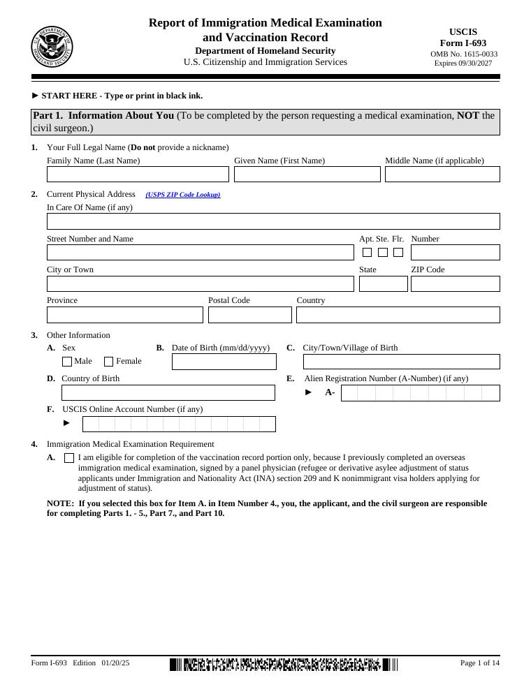 Form I-693 Report of Immigration Medical Examination and Vaccination Record document preview
