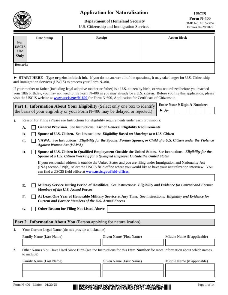 Form N-400 Application for Naturalization document preview