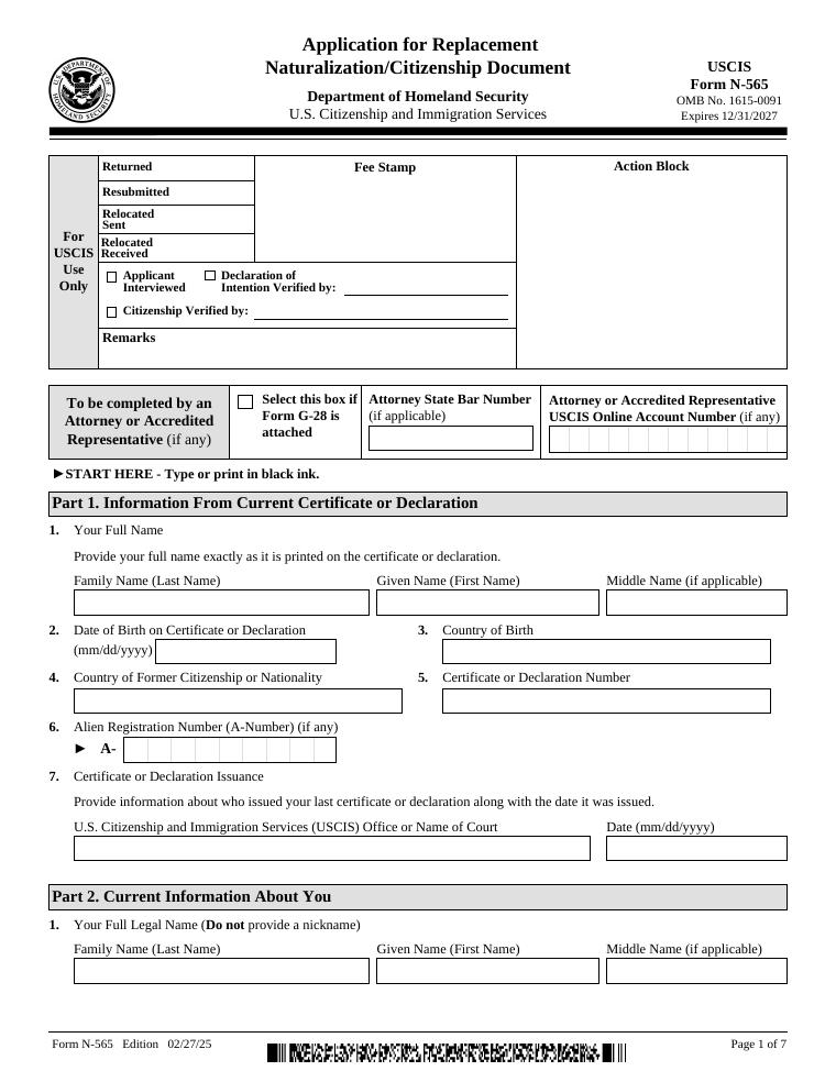 Form N-565 Application for Replacement Naturalization or Citizenship Document document preview