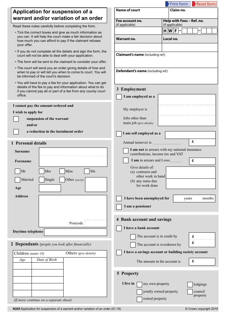 Form N245 Application for Suspension or Variation document preview