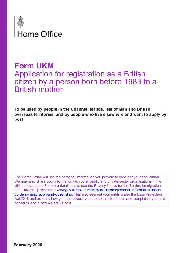 Form UKM Registration as a British Citizen Application document preview