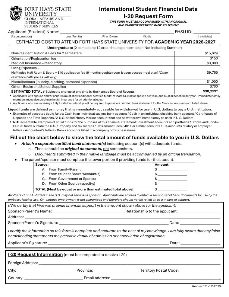 Fort Hays State University International Student Financial Data I-20 Request Form document preview