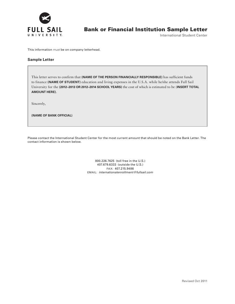Full Sail University Bank or Financial Institution Sample Letter document preview