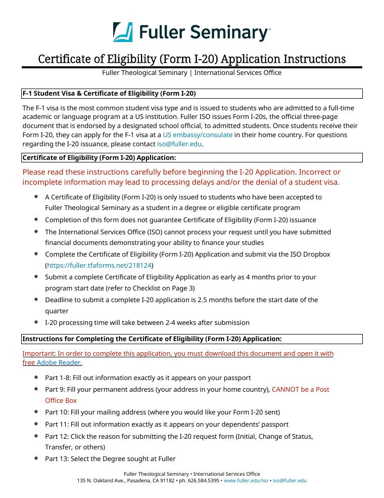Fuller Certificate of Eligibility Application Instructions 2026-2027 document preview