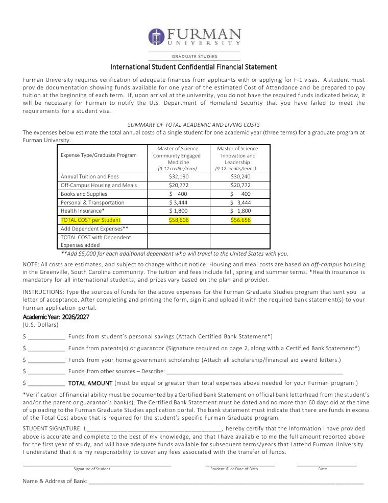 Furman University International Student Confidential Financial Statement 2026-2027 document preview