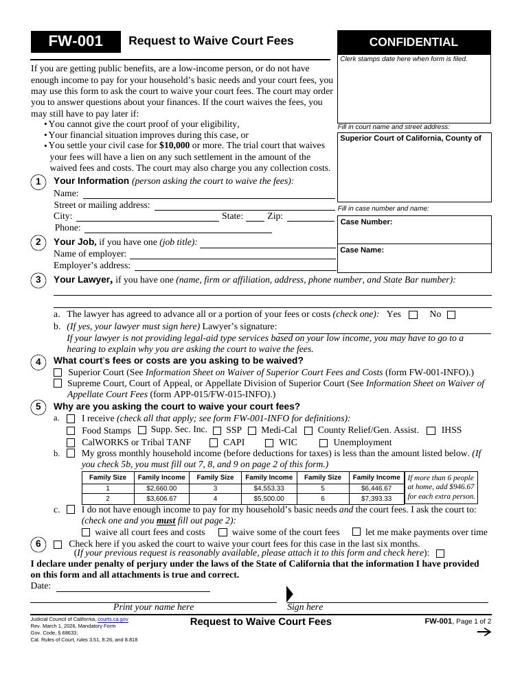 FW-001 Request to Waive Court Fees document preview