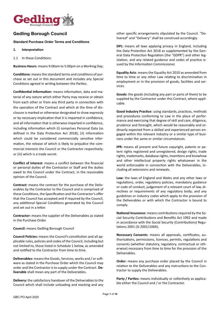 Gedling Borough Council Purchase Order Terms and Conditions 2025 document preview