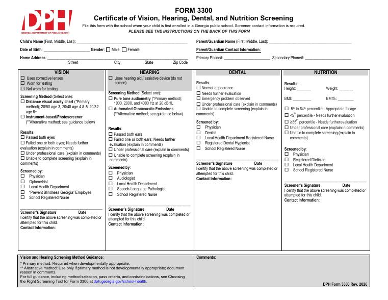Georgia DPH Form 3300 Certificate of Vision, Hearing, Dental and Nutrition Screening document preview