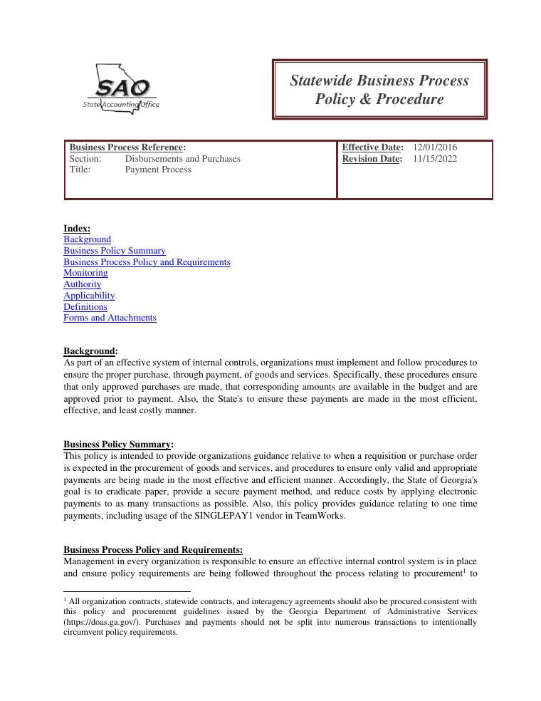 Georgia SAO Payment Process Sample Invoice and Billing Statement document preview