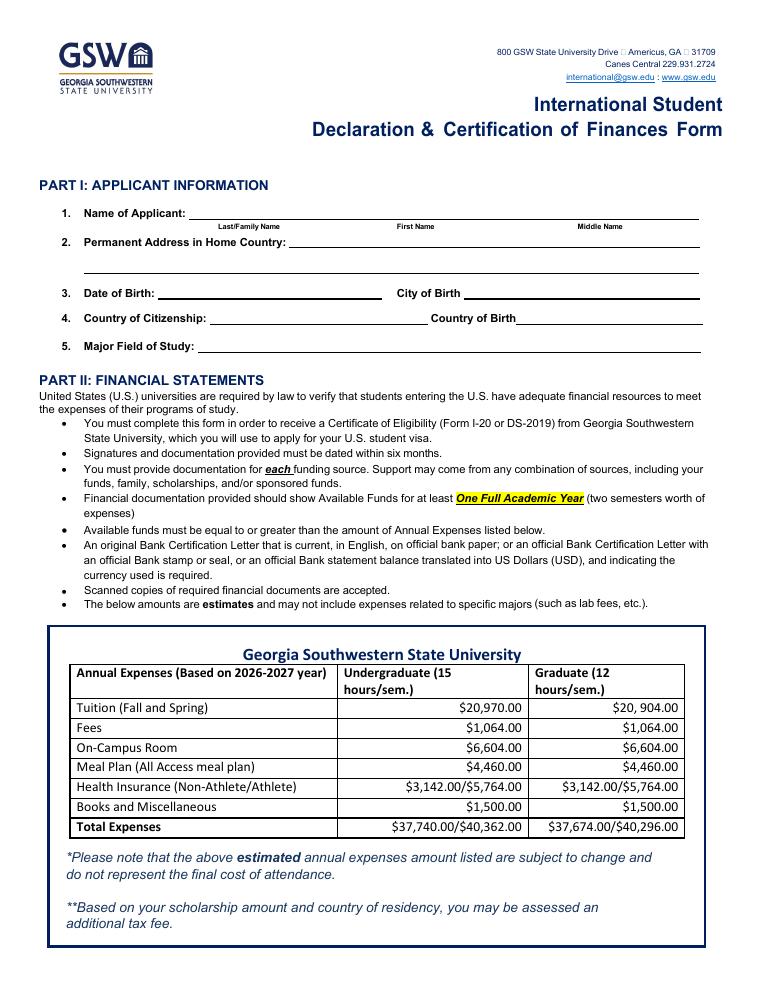 Georgia Southwestern International Student Declaration and Certification of Finance Form document preview