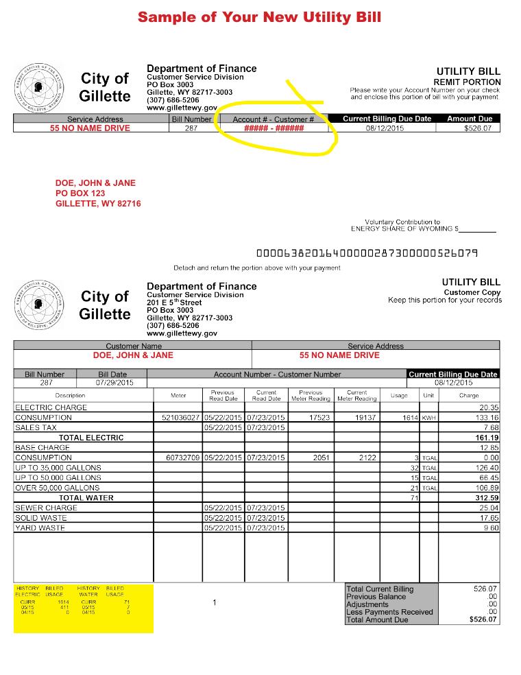 Gillette Sample of Your New Utility Bill document preview