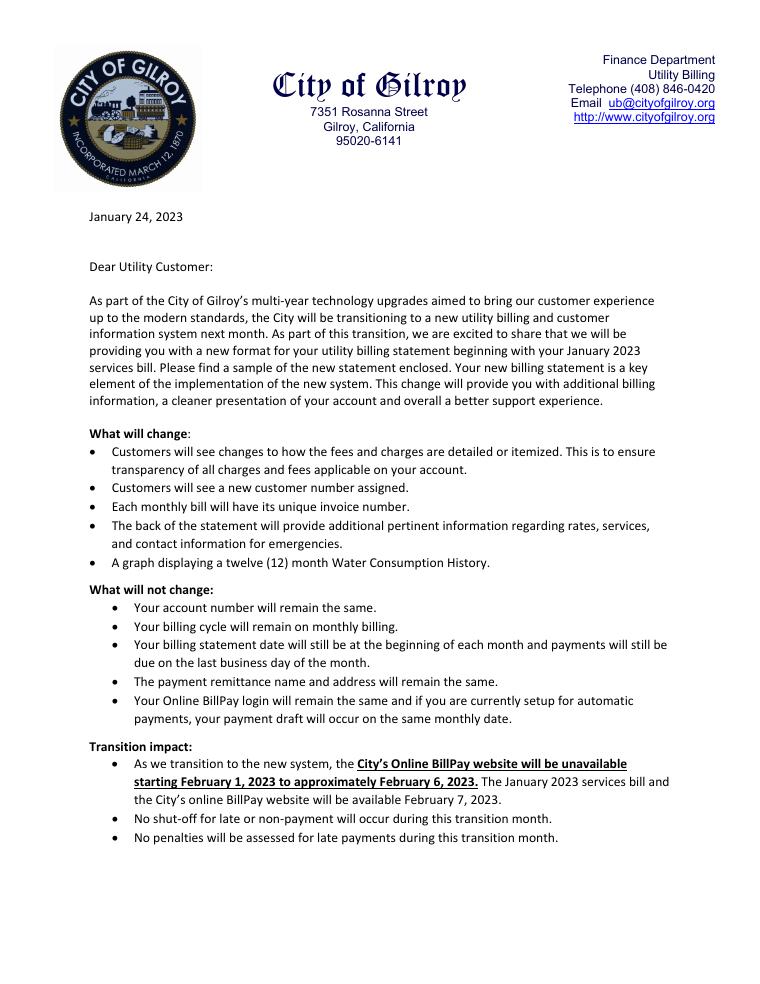 Gilroy New Utility Statement Sample Bill 2023 document preview