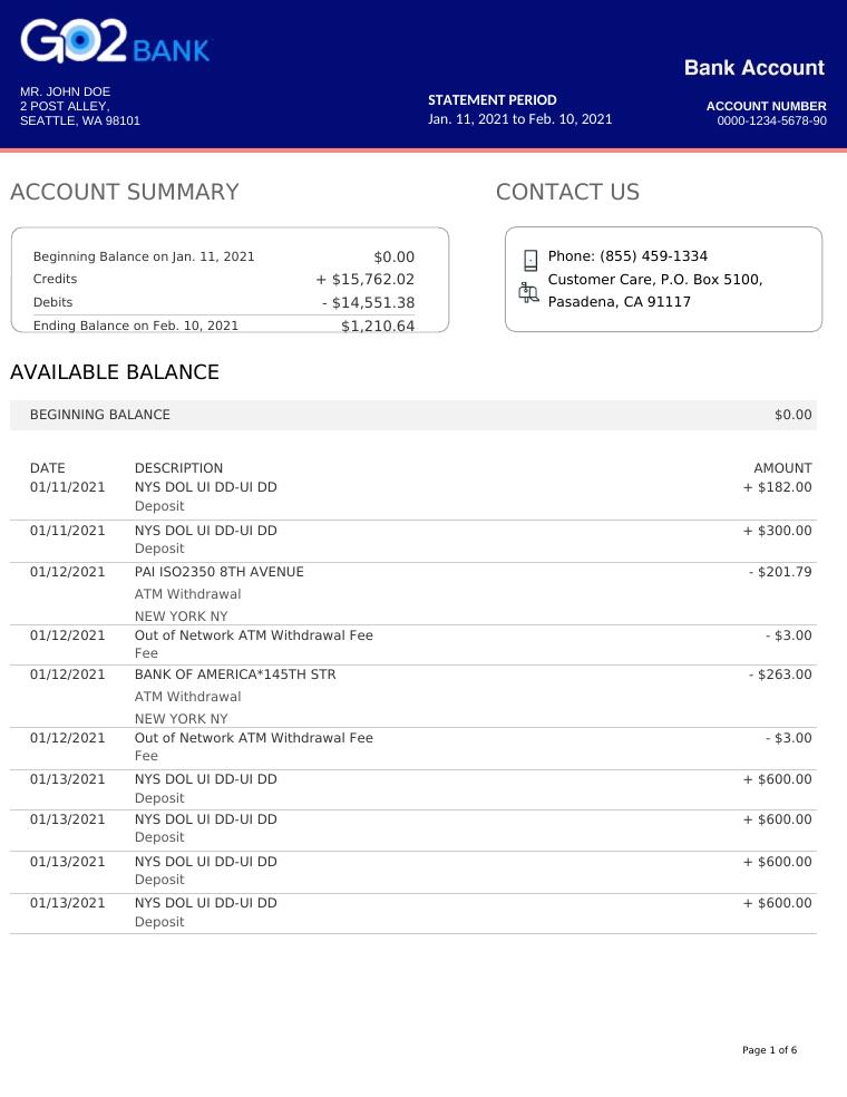 Go2Bank Bank Statement document preview