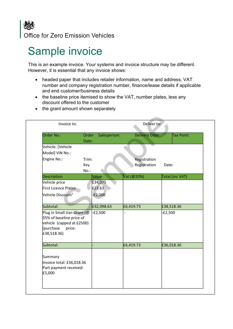 GOV.UK Plug-in Vehicle Grant Sample Invoice document preview