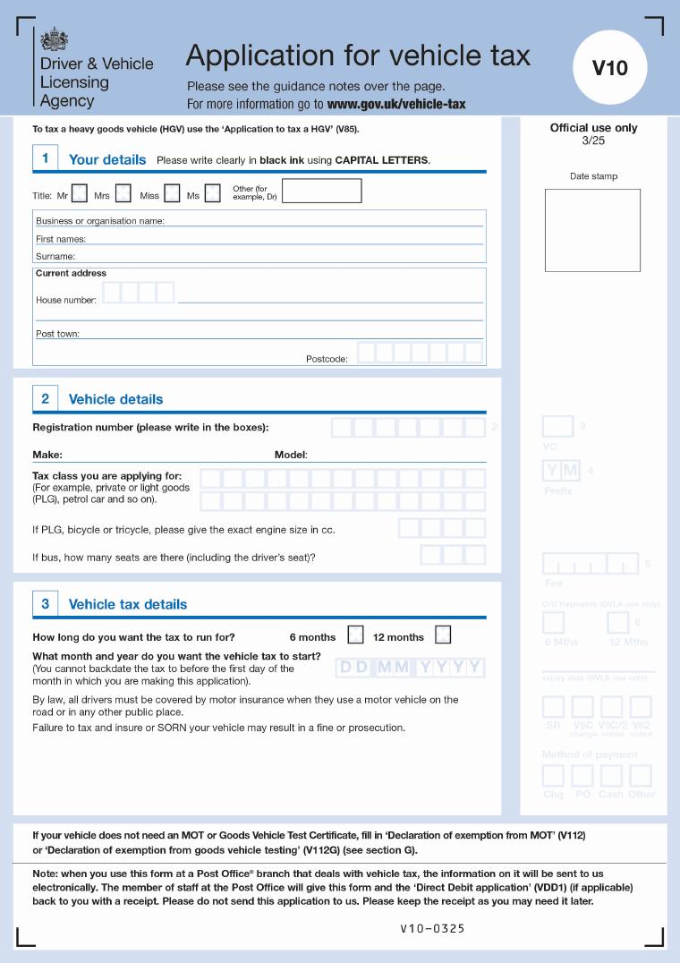 GOV.UK V10 Application for Vehicle Tax document preview