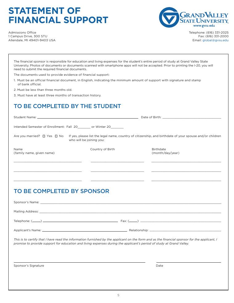 Grand Valley State Statement of Financial Support Bank Statement Requirements document preview