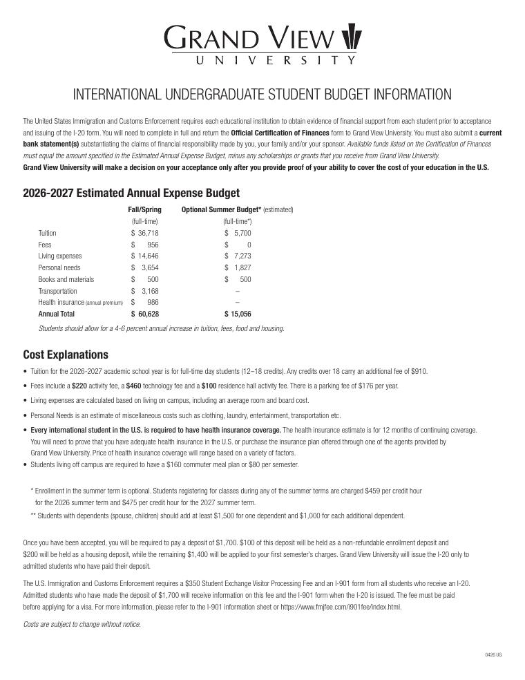 Grand View University International Undergraduate Student Budget 2026-2027 document preview