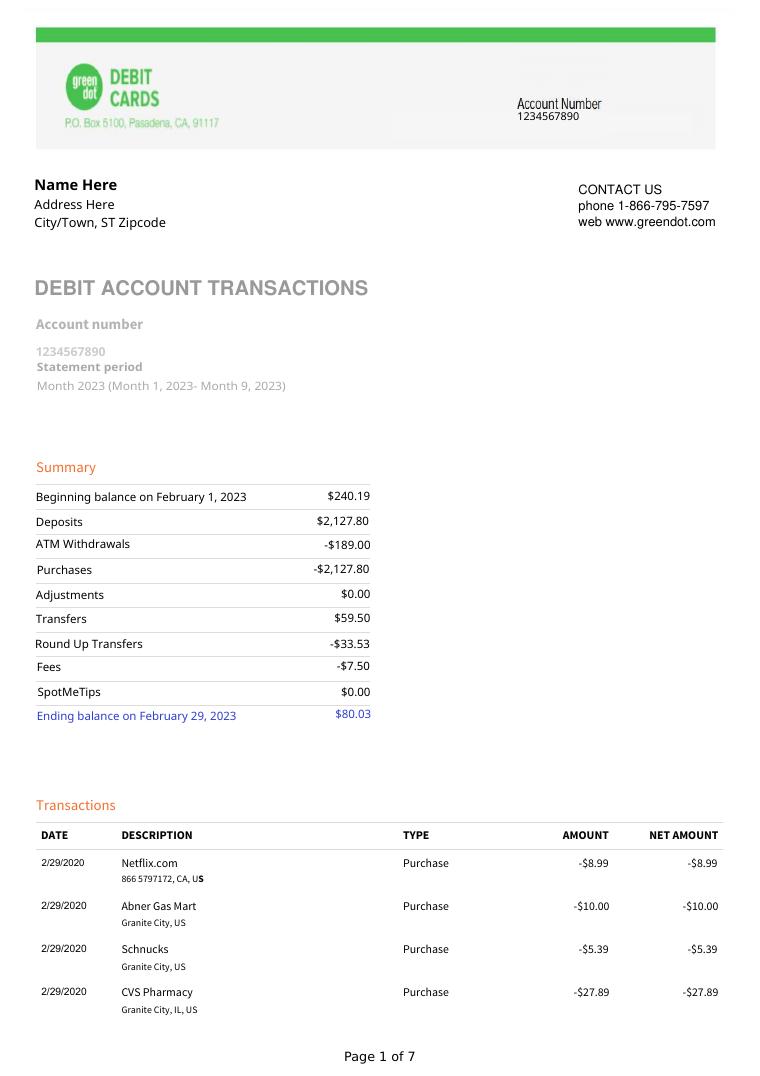 Greendot Bank Statement Template document preview