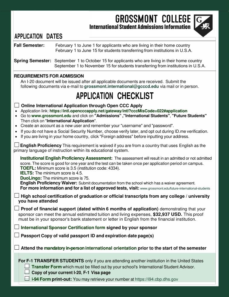 Grossmont College International Admissions Checklist 2026-2027 document preview
