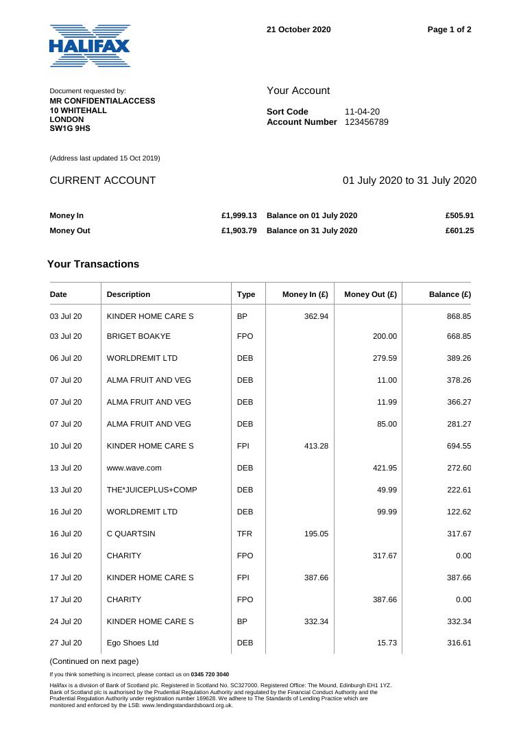 Halifax Bank Statement document preview