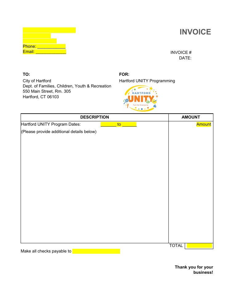Hartford UNITY Sample Invoice Template document preview