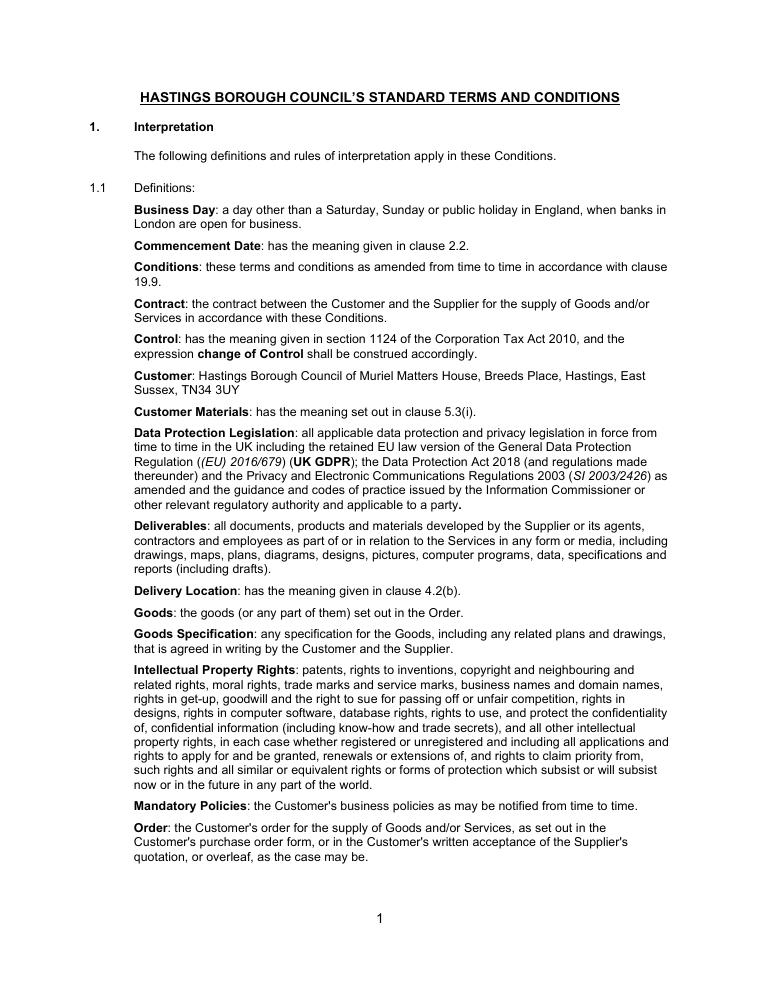 Hastings Borough Council Purchase Order Terms 2023 document preview