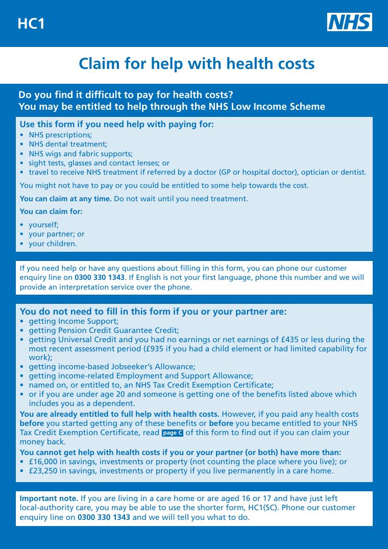 HC1 Claim for Help with Health Costs document preview