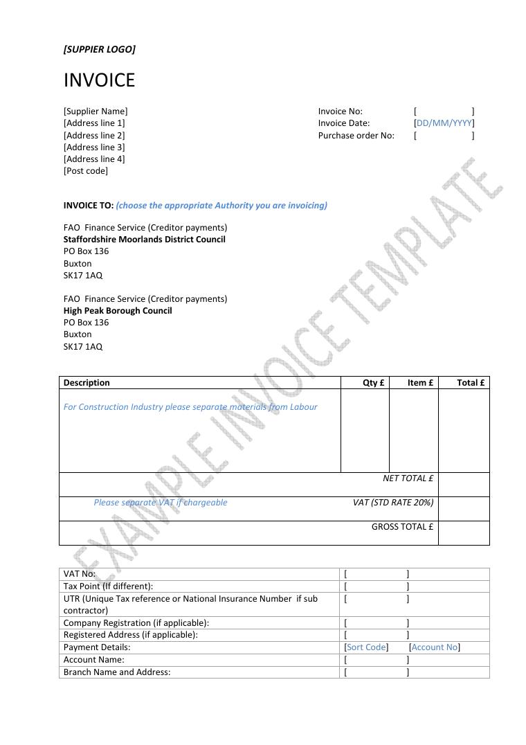 High Peak Borough Council Example Invoice Template document preview