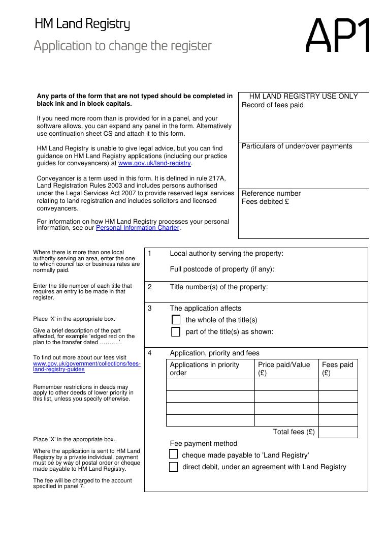 HM Land Registry Form AP1 Change the Register document preview