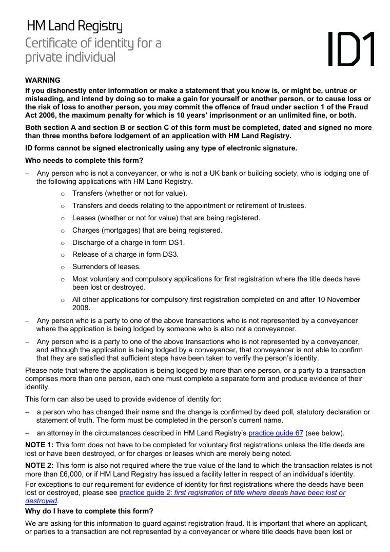 HM Land Registry Form ID1 Certificate of Identity for a Private Individual document preview