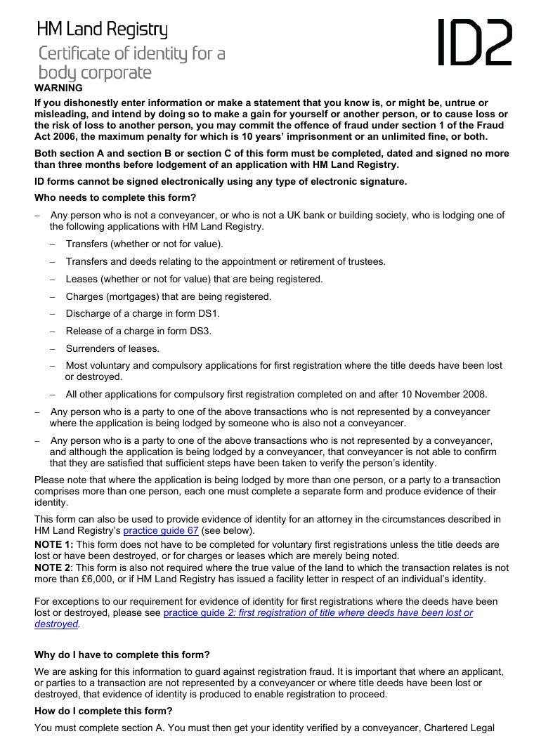 HM Land Registry Form ID2 Certificate of Identity for a Corporate Body document preview