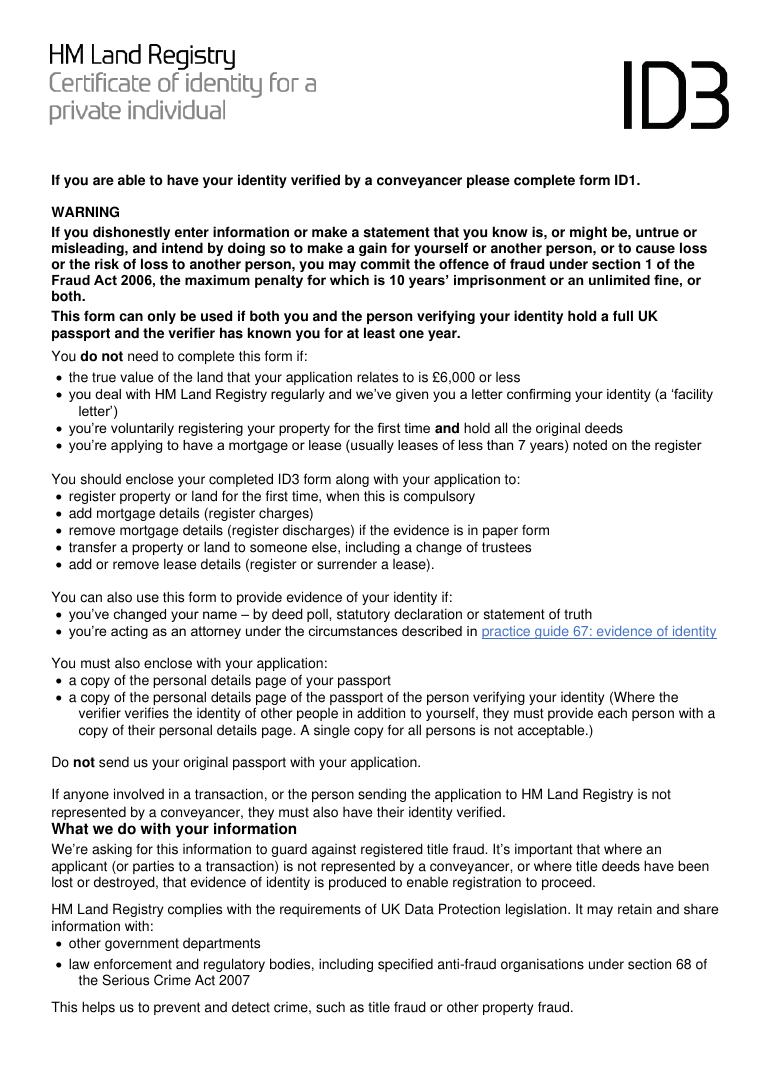HM Land Registry Form ID3 Certificate of Identity for a Private Individual document preview