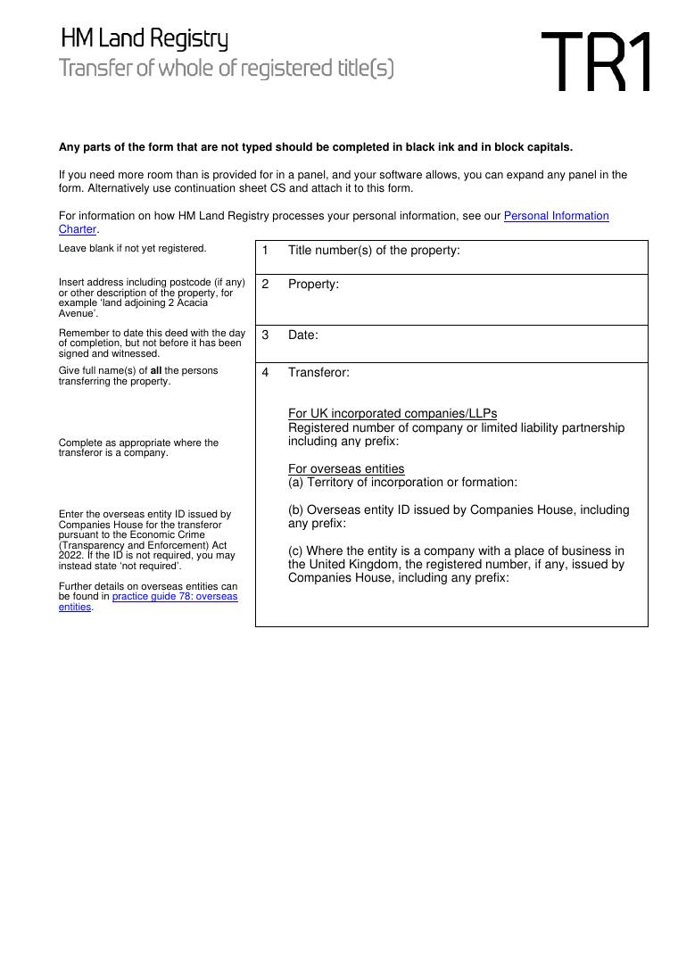 HM Land Registry Form TR1 Whole Transfer of Registered Title document preview