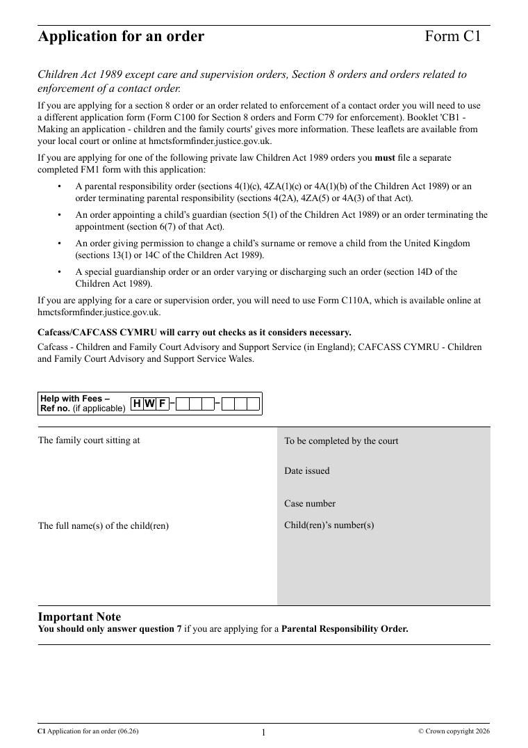 HMCTS Form C1 Application for an Order document preview