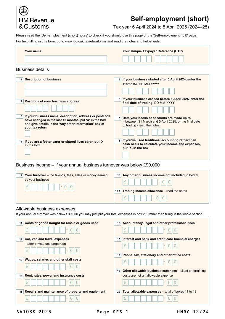 HMRC SA103S 2025 Self-employment Short Form document preview
