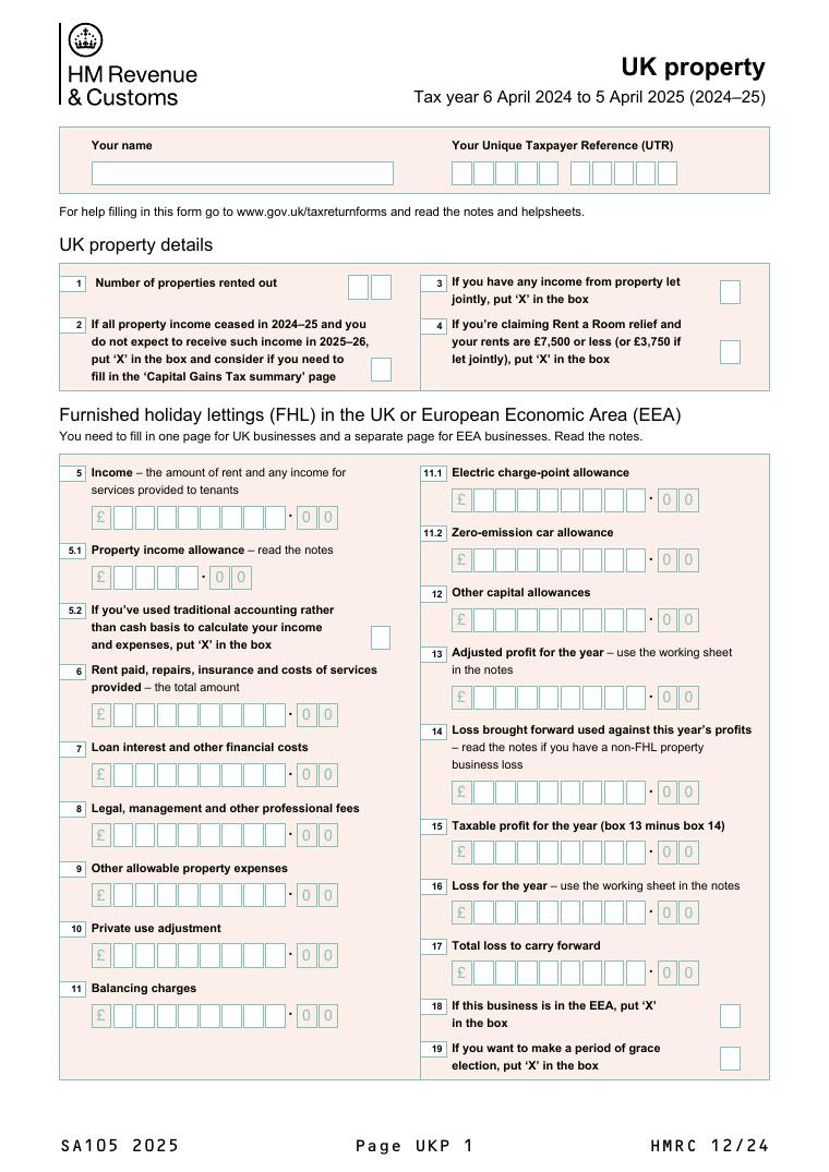 HMRC SA105 2025 UK Property Form document preview
