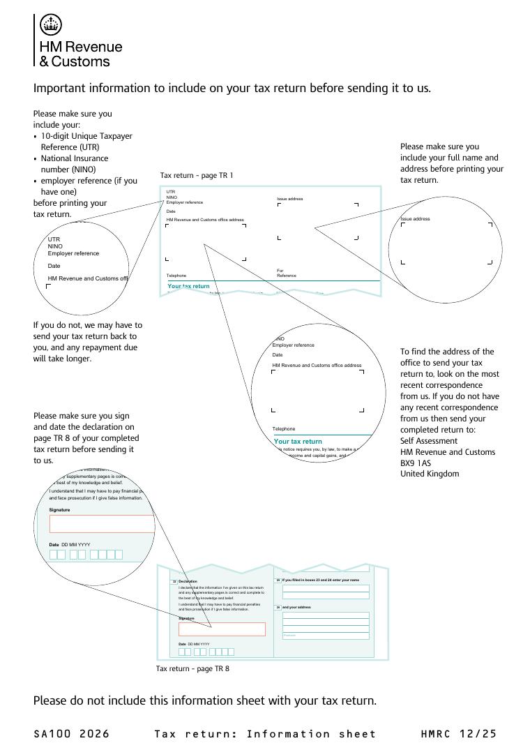 HMRC Self Assessment Tax Return SA100 2026 document preview