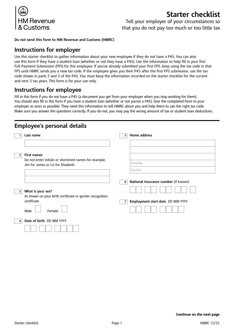 HMRC Starter Checklist for New Employees document preview
