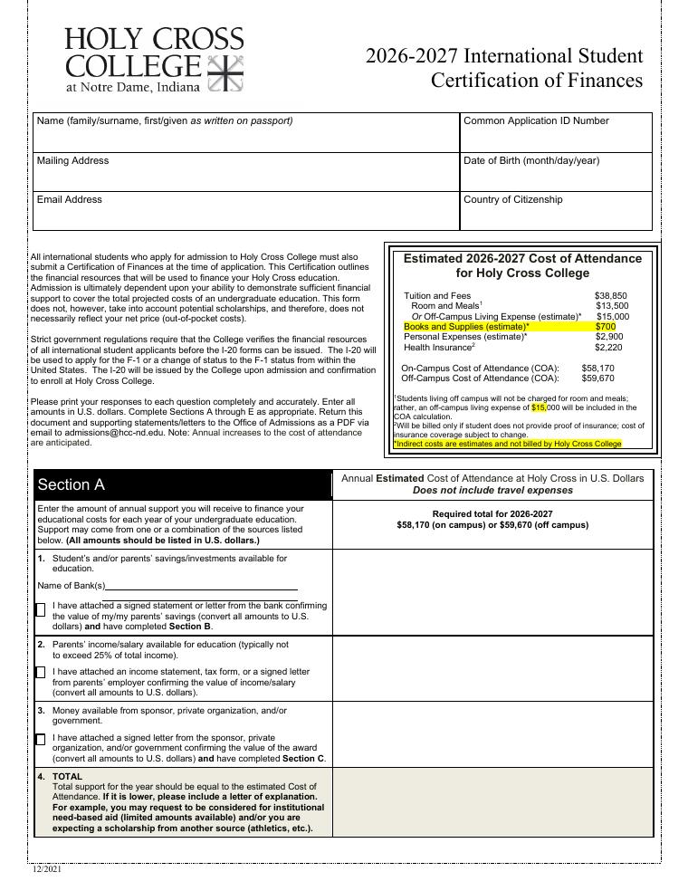 Holy Cross College International Student Certification of Finances 2026-2027 document preview